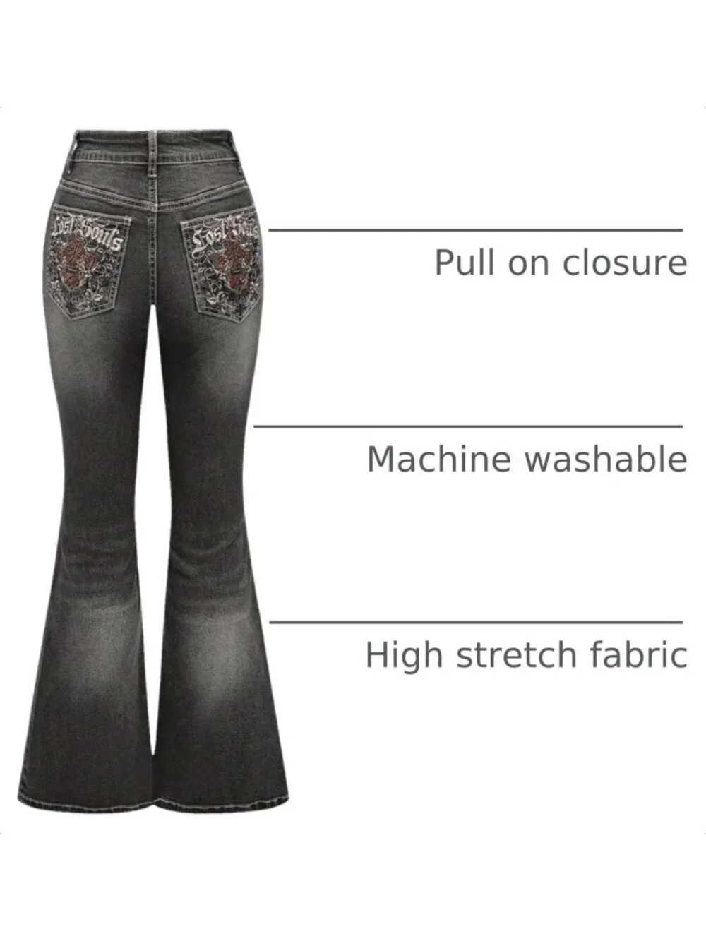 Women's Black Denim Pant Pull On Y2k Goth High Waist Mid Rise Bell Bottom Jeans